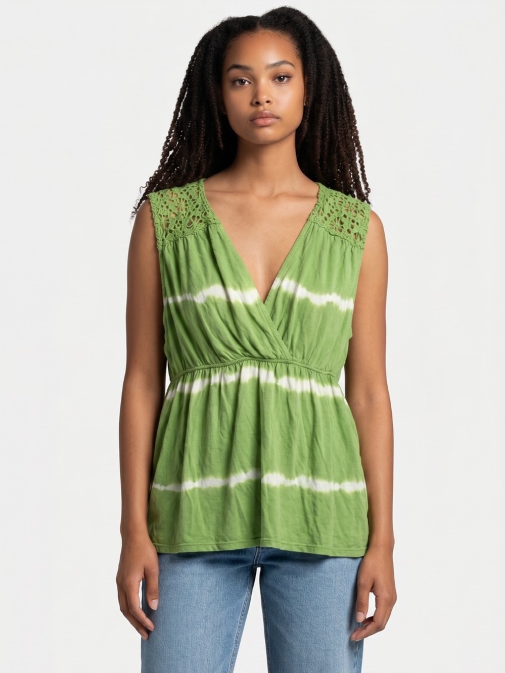 Sleeveless Green Tie-Dye Crochet Yoke Top